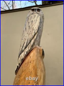 Owl White Snow Bird Cedar Totem Pole Chainsaw Carving Sculpture Decor Wood