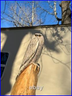 Owl White Snow Bird Cedar Totem Pole Chainsaw Carving Sculpture Decor Wood