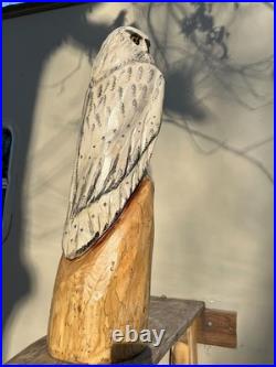 Owl White Snow Bird Cedar Totem Pole Chainsaw Carving Sculpture Decor Wood