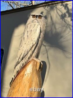 Owl White Snow Bird Cedar Totem Pole Chainsaw Carving Sculpture Decor Wood