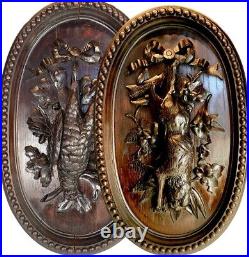PAIR Antique HC Swiss Black Forest 25 Fruits of the Hunt Game Plaques, Hare +
