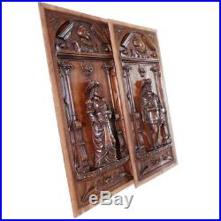 Pair Antique French Carved Wood Panels Wall Door Plaques Troubadour Sculptural