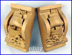 Pair Arts & Crafts Carved Wood Tall Ships Breaking Waves Corbels Wall Sculptures