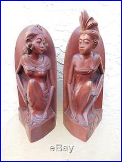 Pair Of 2 Art Deco Bali Wood Carved Sculptures Book Ends Signed A. A. Fatimah