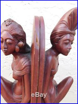 Pair Of 2 Art Deco Bali Wood Carved Sculptures Book Ends Signed A. A. Fatimah