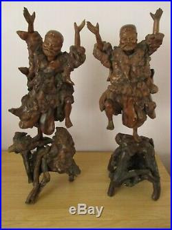 Pair Of 21 Antique Chinese Root Wood Carvings Immortal LI Tieguai Sculpture
