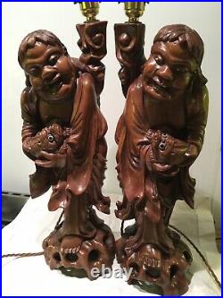 Pair Of Antique Chinese Carved Wood Figures With Carp Table Lamps