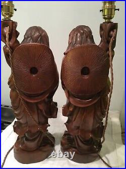 Pair Of Antique Chinese Carved Wood Figures With Carp Table Lamps