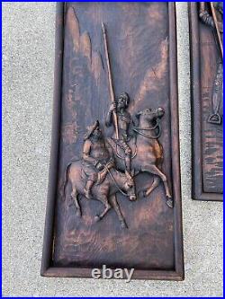 Pair Of Vintage Carved Don Quixote & Sancho Panza Wood Panel Frieze Spain