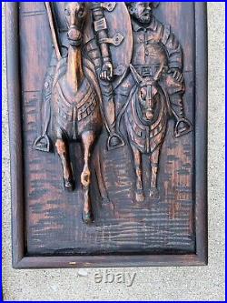 Pair Of Vintage Carved Don Quixote & Sancho Panza Wood Panel Frieze Spain