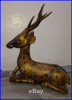 Pair Old or Antique Thai Deer Sculpture Asian Wood Carving