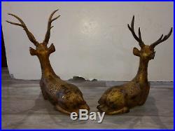 Pair Old or Antique Thai Deer Sculpture Asian Wood Carving