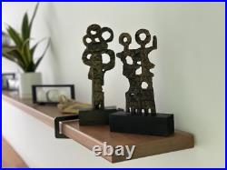 Pair Signed F Maud Abstract Metal Sculptures on Wood Base Brutalist Modern Art