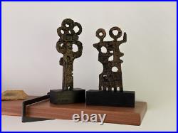 Pair Signed F Maud Abstract Metal Sculptures on Wood Base Brutalist Modern Art