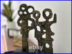 Pair Signed F Maud Abstract Metal Sculptures on Wood Base Brutalist Modern Art
