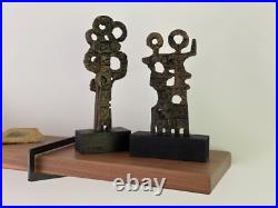 Pair Signed F Maud Abstract Metal Sculptures on Wood Base Brutalist Modern Art
