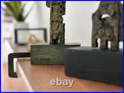 Pair Signed F Maud Abstract Metal Sculptures on Wood Base Brutalist Modern Art