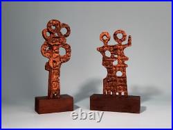 Pair Signed F Maud Abstract Metal Sculptures on Wood Base Brutalist Modern Art