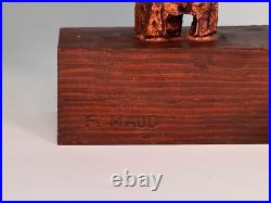 Pair Signed F Maud Abstract Metal Sculptures on Wood Base Brutalist Modern Art