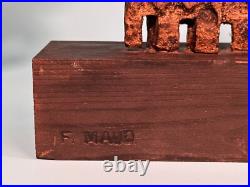 Pair Signed F Maud Abstract Metal Sculptures on Wood Base Brutalist Modern Art