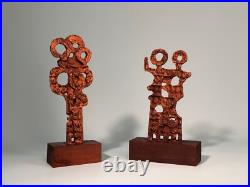 Pair Signed F Maud Abstract Metal Sculptures on Wood Base Brutalist Modern Art