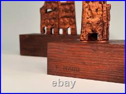 Pair Signed F Maud Abstract Metal Sculptures on Wood Base Brutalist Modern Art