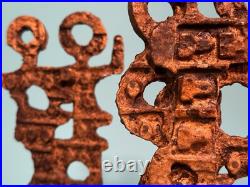 Pair Signed F Maud Abstract Metal Sculptures on Wood Base Brutalist Modern Art