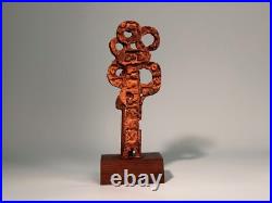 Pair Signed F Maud Abstract Metal Sculptures on Wood Base Brutalist Modern Art