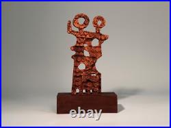 Pair Signed F Maud Abstract Metal Sculptures on Wood Base Brutalist Modern Art