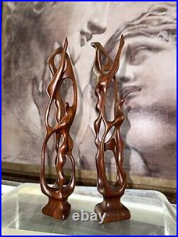 (Pair)Vintage Abstract Hand Carved Wood Sculpture Biomorphic Ballet Dancers MCM