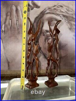 (Pair)Vintage Abstract Hand Carved Wood Sculpture Biomorphic Ballet Dancers MCM