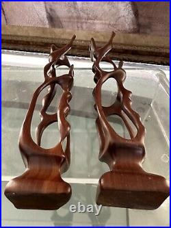 (Pair)Vintage Abstract Hand Carved Wood Sculpture Biomorphic Ballet Dancers MCM