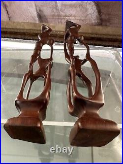 (Pair)Vintage Abstract Hand Carved Wood Sculpture Biomorphic Ballet Dancers MCM