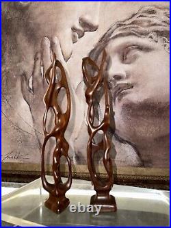 (Pair)Vintage Abstract Hand Carved Wood Sculpture Biomorphic Ballet Dancers MCM