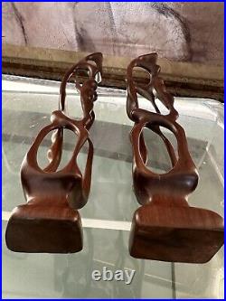 (Pair)Vintage Abstract Hand Carved Wood Sculpture Biomorphic Ballet Dancers MCM