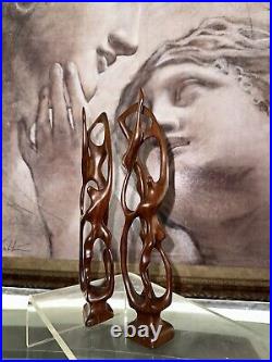 (Pair)Vintage Abstract Hand Carved Wood Sculpture Biomorphic Ballet Dancers MCM