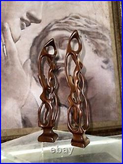 (Pair)Vintage Abstract Hand Carved Wood Sculpture Biomorphic Ballet Dancers MCM