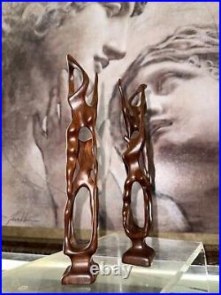 (Pair)Vintage Abstract Hand Carved Wood Sculpture Biomorphic Ballet Dancers MCM