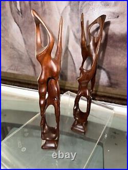 (Pair)Vintage Abstract Hand Carved Wood Sculpture Biomorphic Ballet Dancers MCM