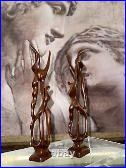 (Pair)Vintage Abstract Hand Carved Wood Sculpture Biomorphic Ballet Dancers MCM