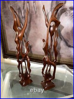 (Pair)Vintage Abstract Hand Carved Wood Sculpture Biomorphic Ballet Dancers MCM