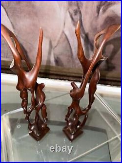 (Pair)Vintage Abstract Hand Carved Wood Sculpture Biomorphic Ballet Dancers MCM