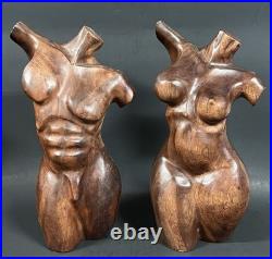 Pair Vintage Hand Carved Hard Wood Female And Male Nude Torso Body Sculpture