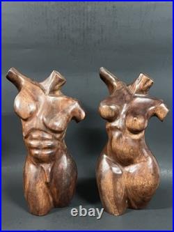 Pair Vintage Hand Carved Hard Wood Female And Male Nude Torso Body Sculpture