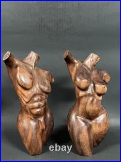 Pair Vintage Hand Carved Hard Wood Female And Male Nude Torso Body Sculpture
