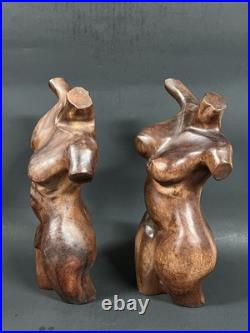 Pair Vintage Hand Carved Hard Wood Female And Male Nude Torso Body Sculpture