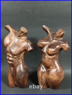 Pair Vintage Hand Carved Hard Wood Female And Male Nude Torso Body Sculpture