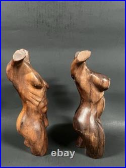Pair Vintage Hand Carved Hard Wood Female And Male Nude Torso Body Sculpture