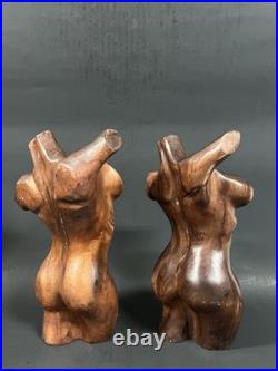 Pair Vintage Hand Carved Hard Wood Female And Male Nude Torso Body Sculpture