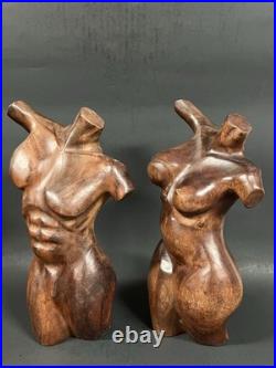 Pair Vintage Hand Carved Hard Wood Female And Male Nude Torso Body Sculpture